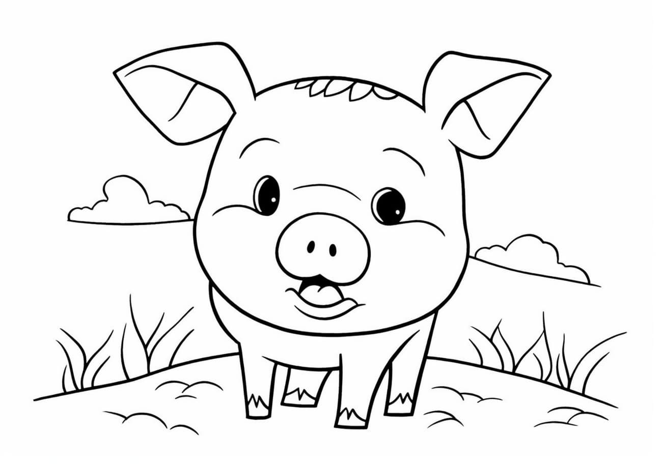 Pig Coloring Pages, 草の上の漫画のブタさん