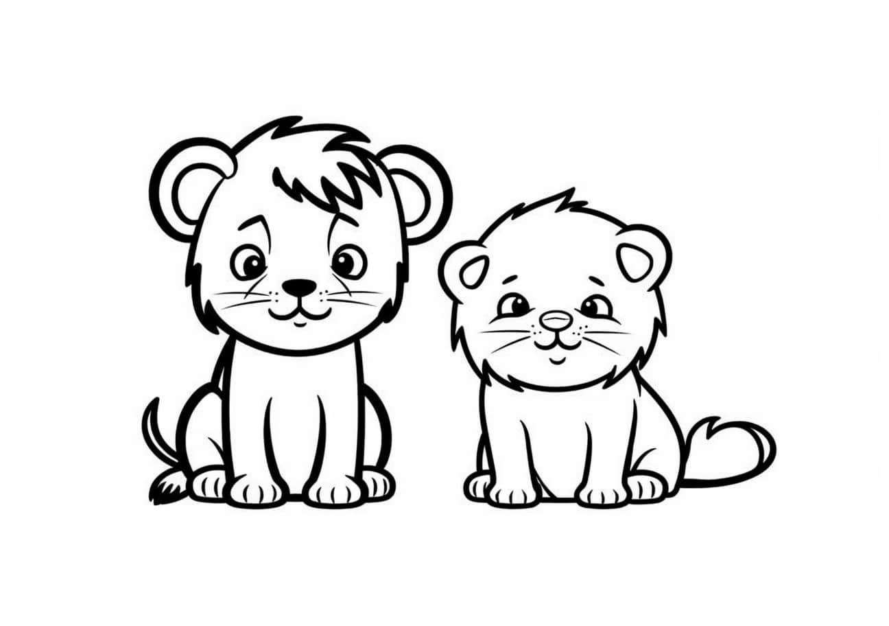 Jungle animals Coloring Pages, Cartoon cute lion and forest cat