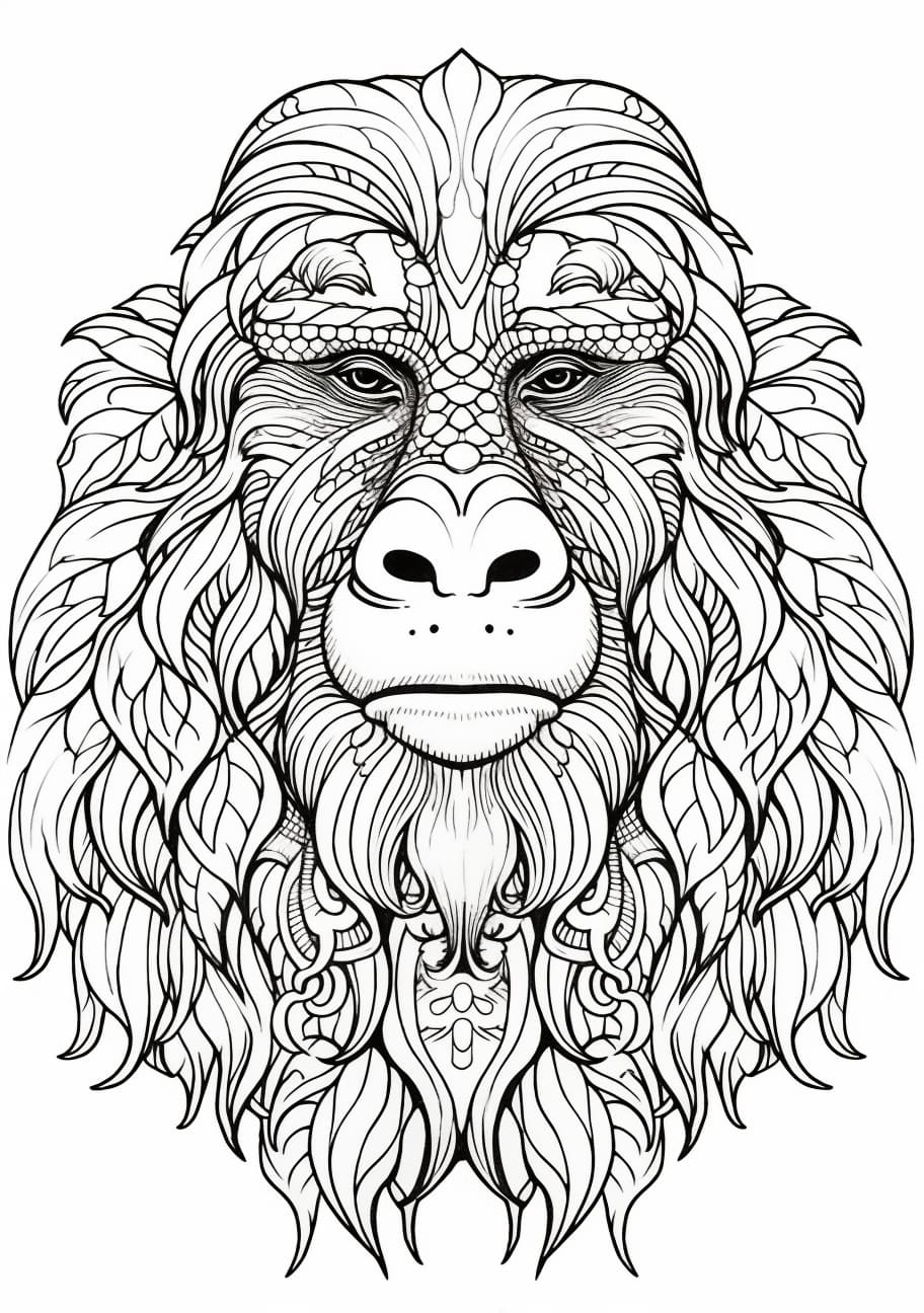 Orangutan Coloring Pages, マンダラスタイルのオランウータンの顔