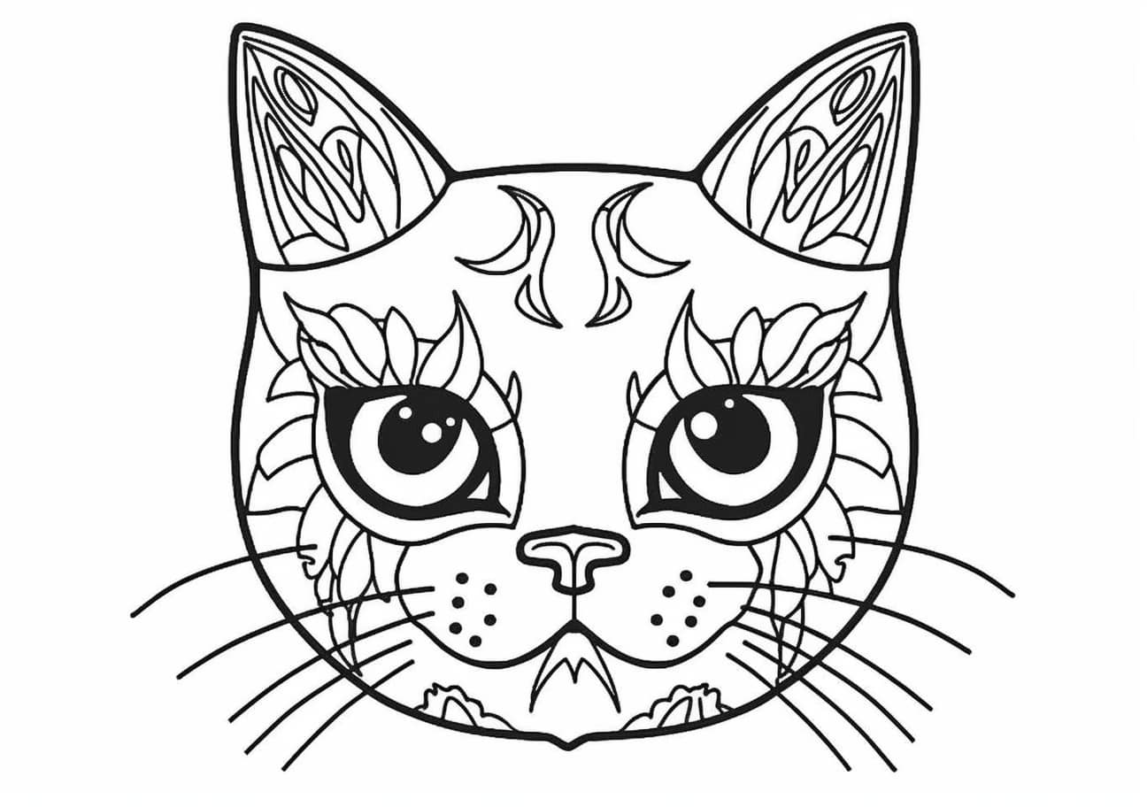 Cat face Coloring Pages, Museau gracieux de féline dans un style mosaïque complexe