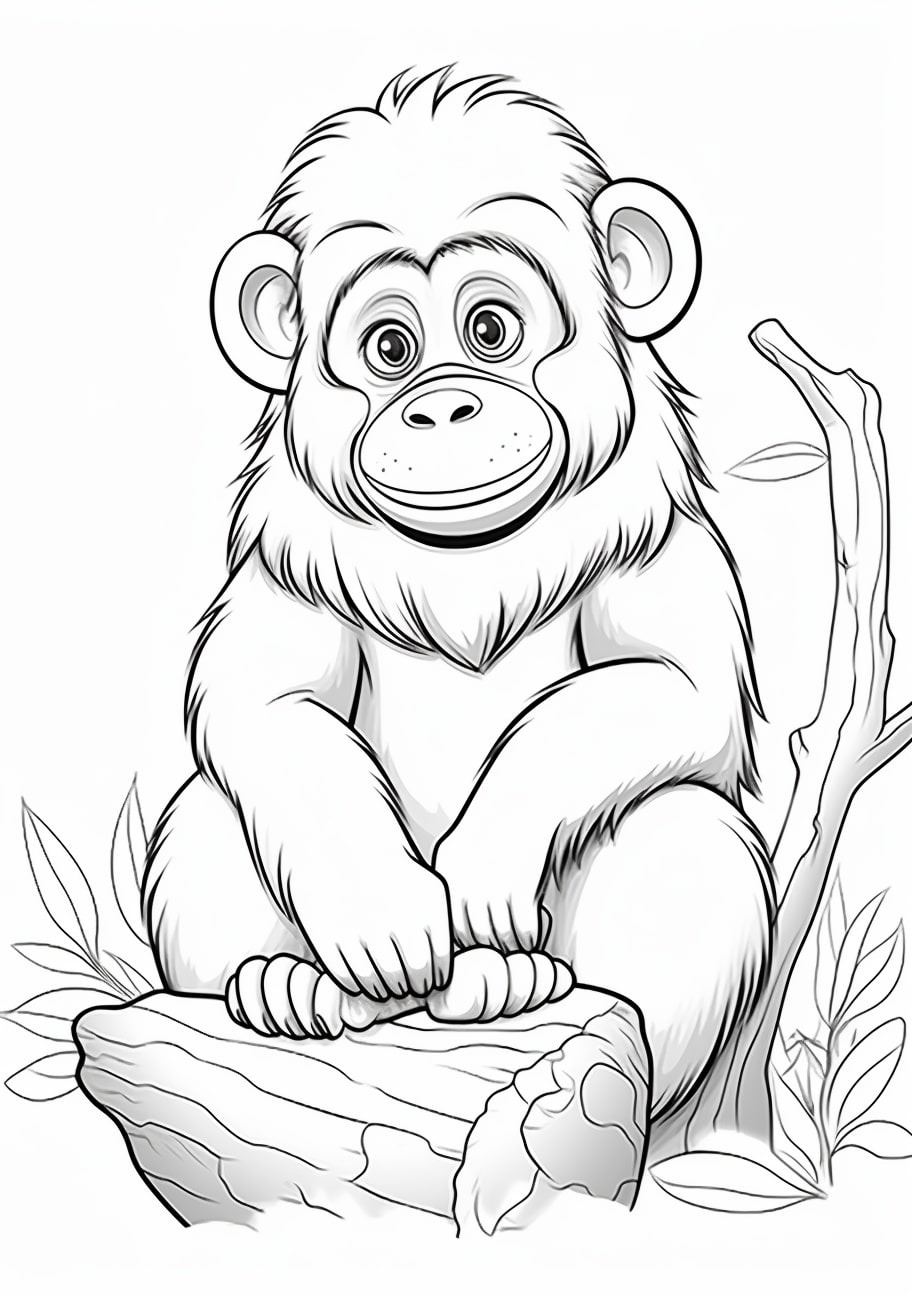 Orangutan Coloring Pages, Orangután de dibujos animados sonriendo en un tocón