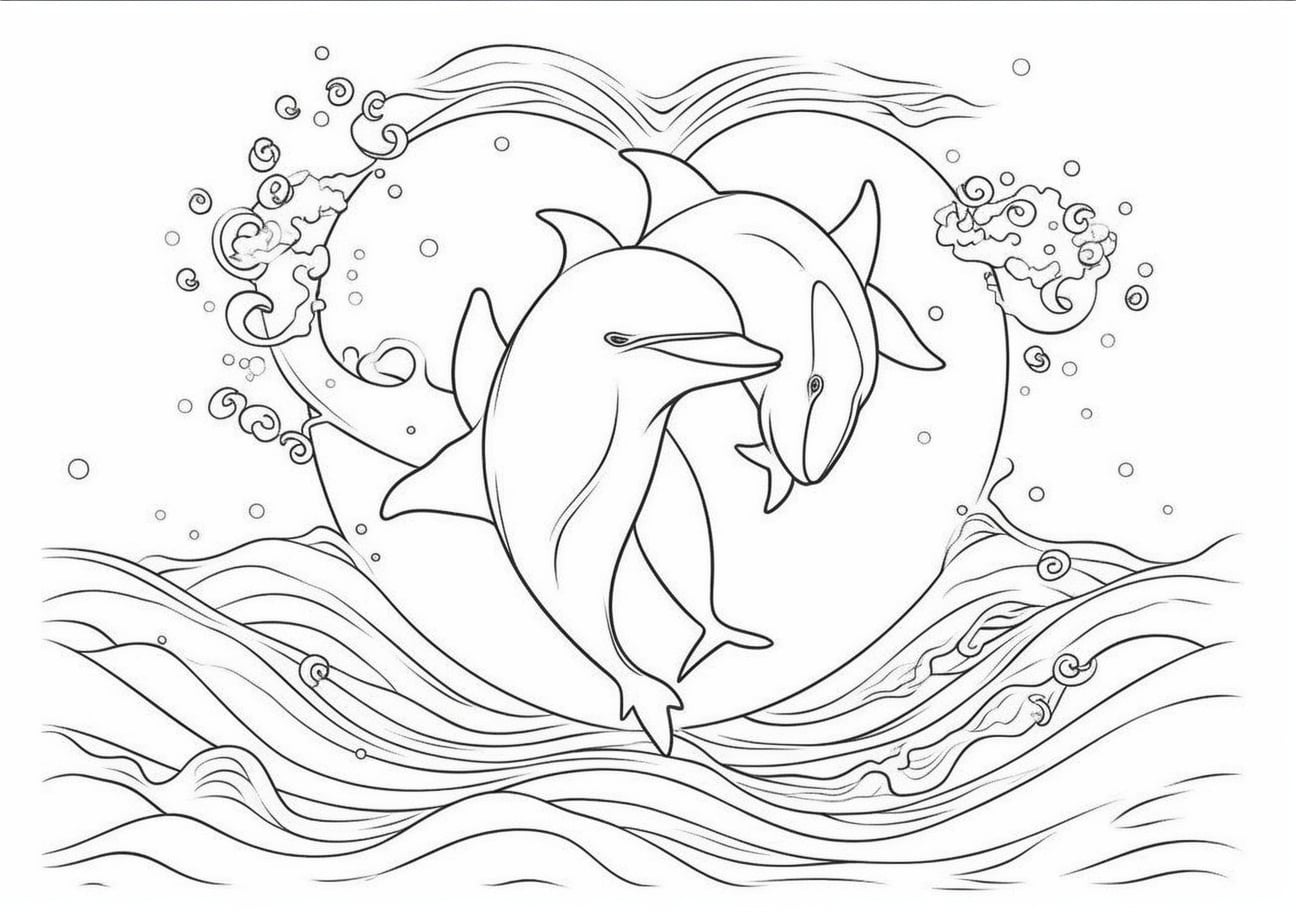 Dolphin Coloring Pages, ハートを作って飛び出すイルカたち