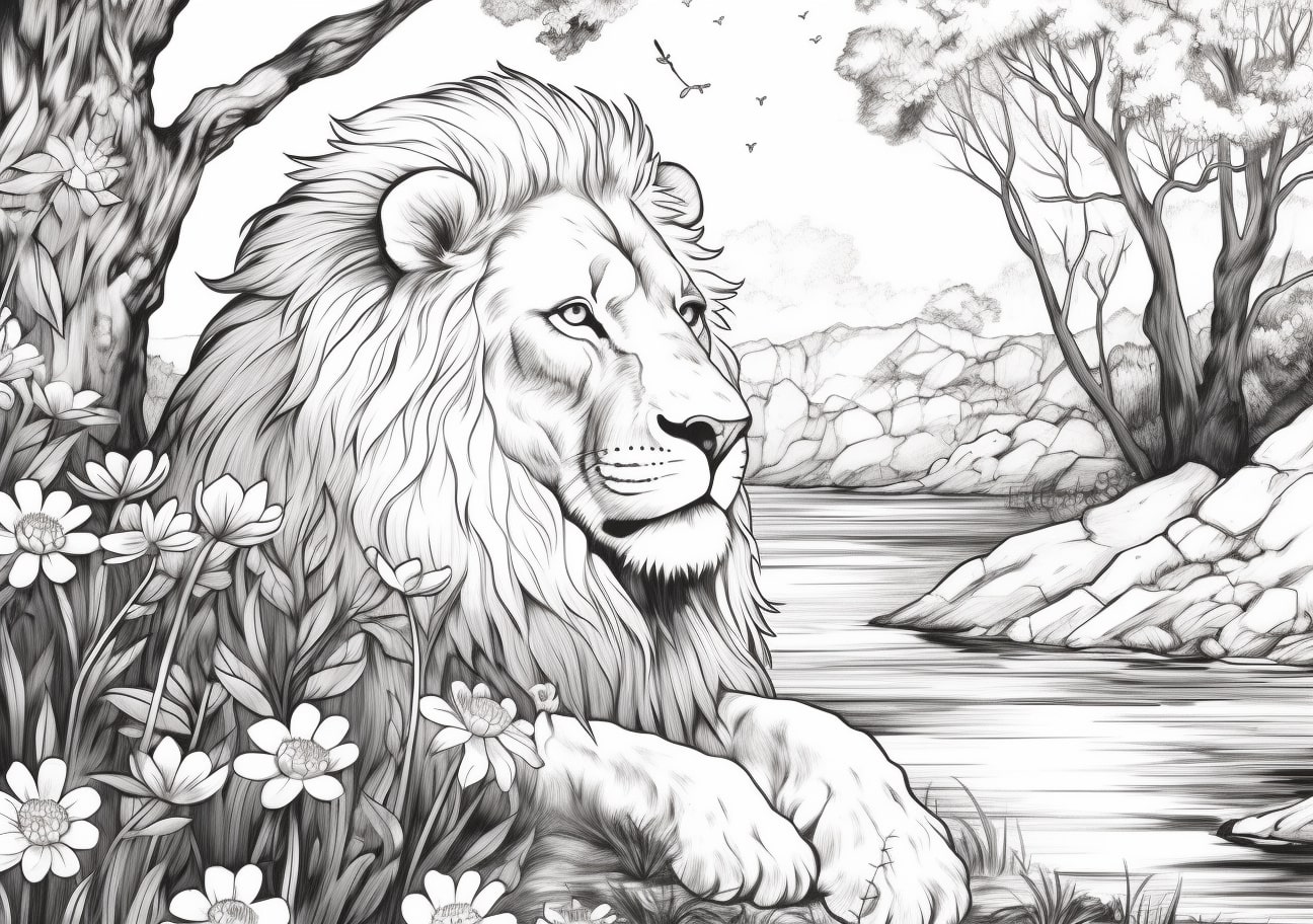 Lion Coloring Pages, A lion lies near the river