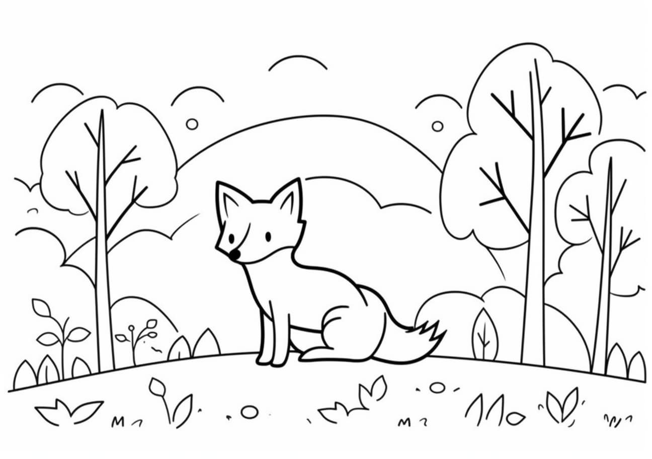 Fox Coloring Pages, Simple picture: fox in forest, for kids