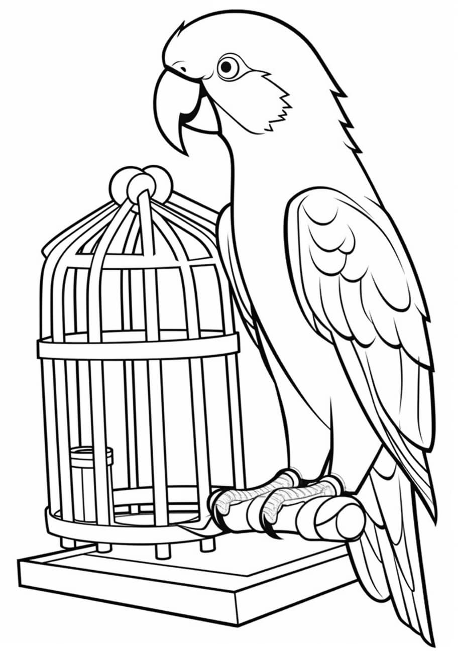 Parrot Coloring Pages, Loro cerca de la jaula