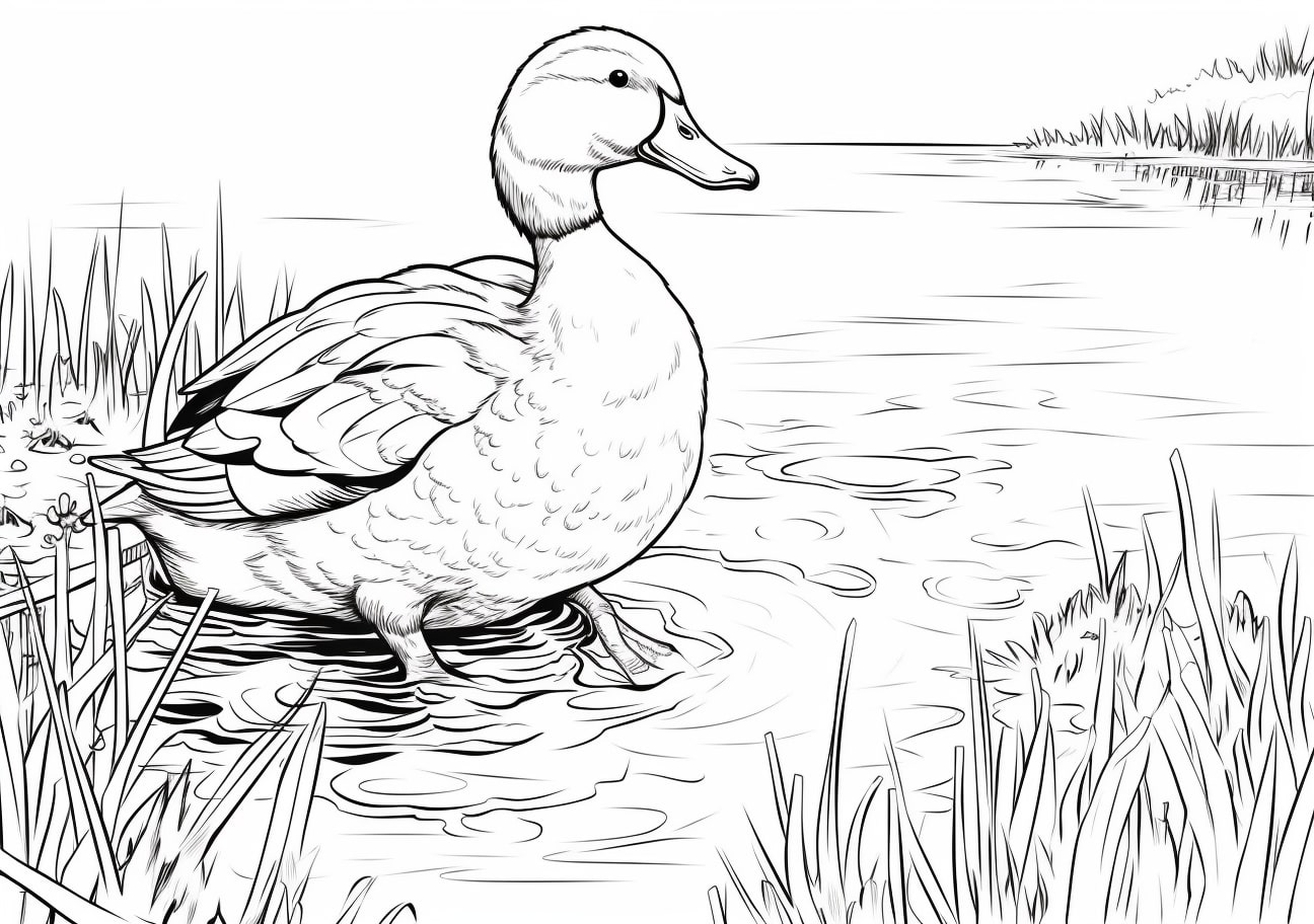 Ducks Coloring Pages, 川面に映る老いた鴨
