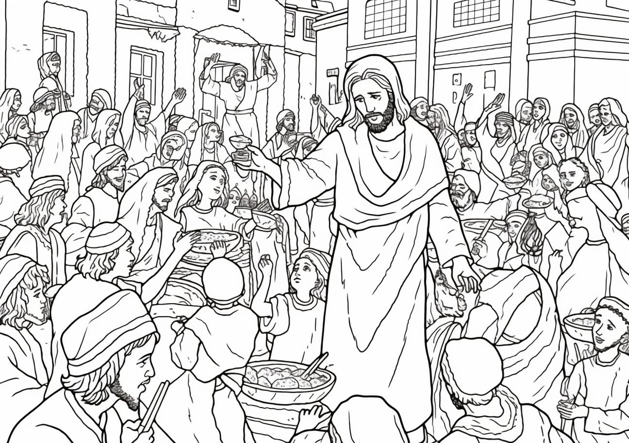 Miracles of Jesus Coloring Pages, イエスが人々に食事を与える