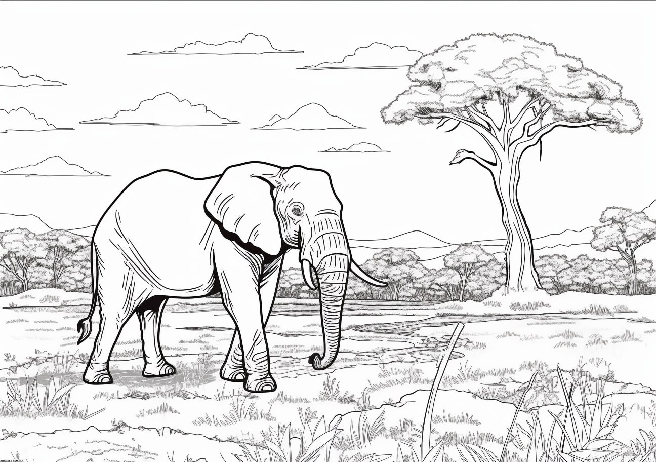 Elephant Coloring Pages, Elephant in savanna