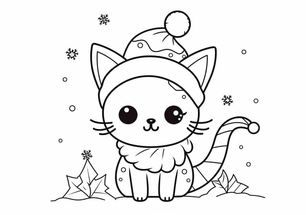 Christmas cat Coloring Pages, gatita vestida de Año Nuevo
