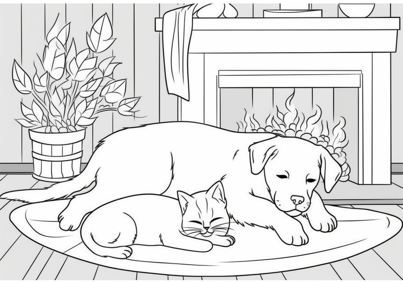 Domestic Animals Coloring Pages, 暖炉のそばで眠るネコとイヌ