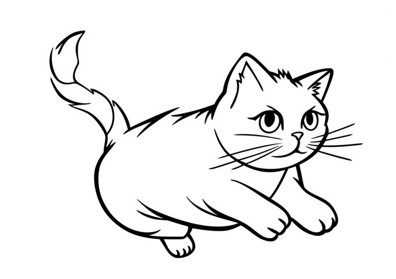 Cute cat Coloring Pages, ハンサムキャット、少し太っているが、今は優雅にジャンプ中