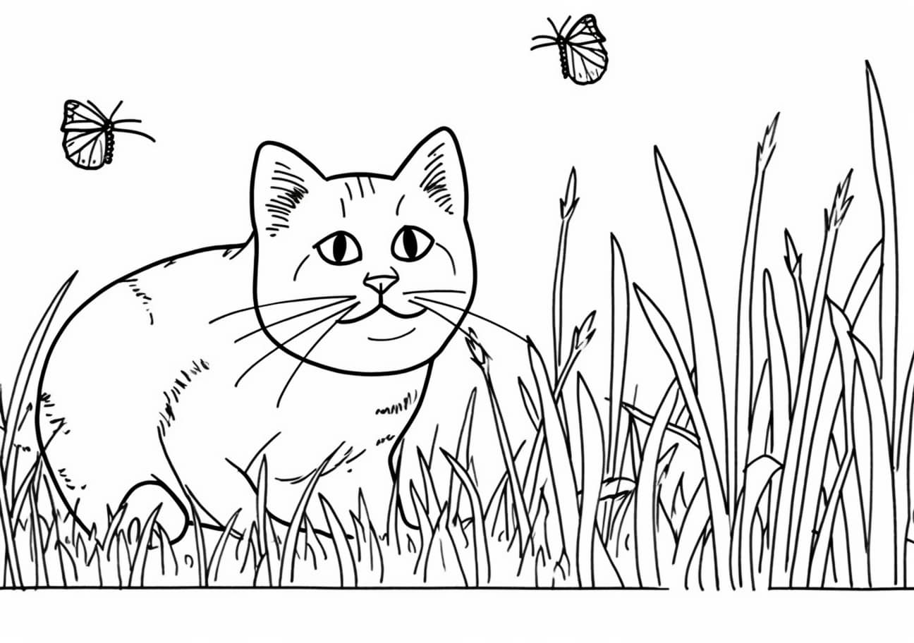 Cat Coloring Pages, a fat cat in the grass smiles