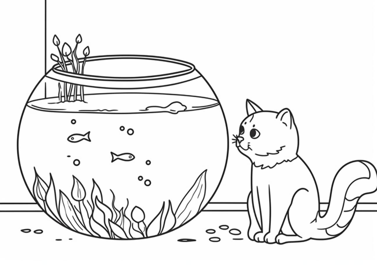 Domestic Animals Coloring Pages, funny kitty looking at the aquarium