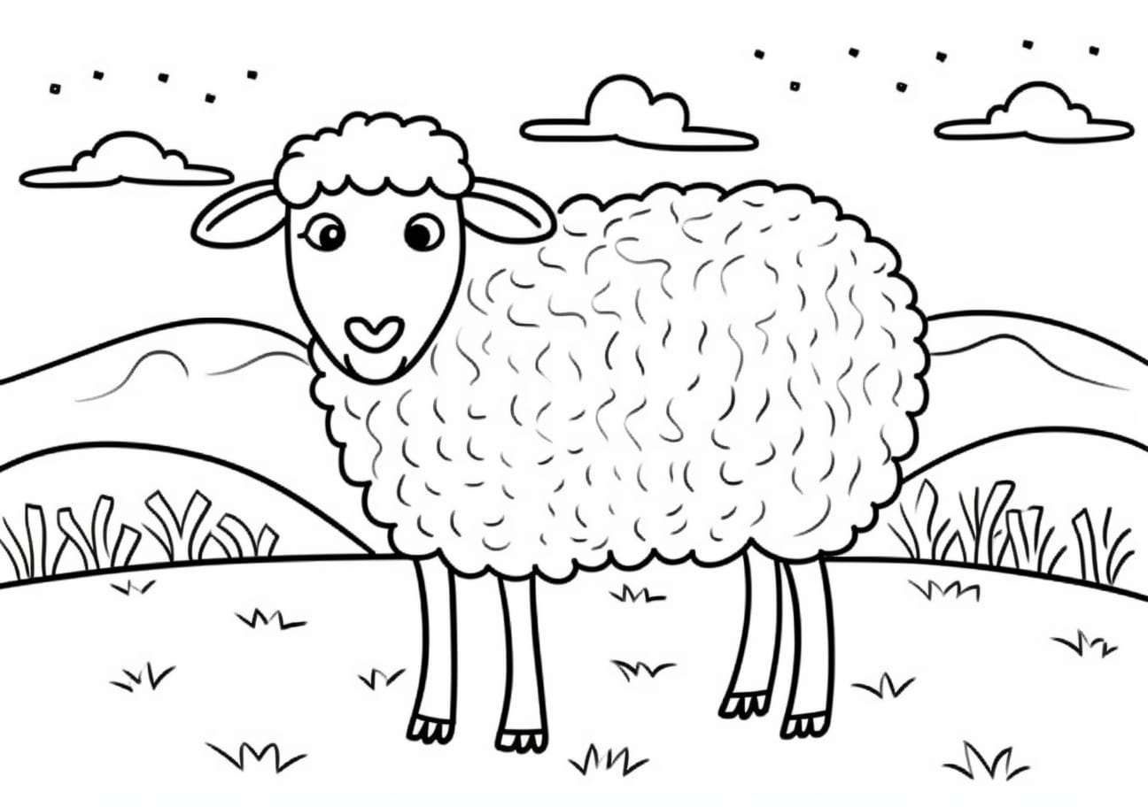 Sheep Coloring Pages, 畑の上のかわいい羊の漫画