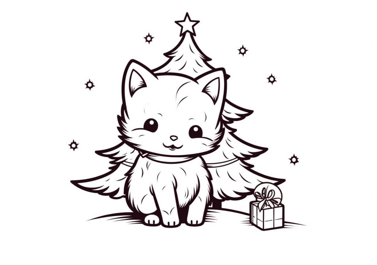 Christmas cat Coloring Pages, Chat avec boîte cadeau et arbre de Noël