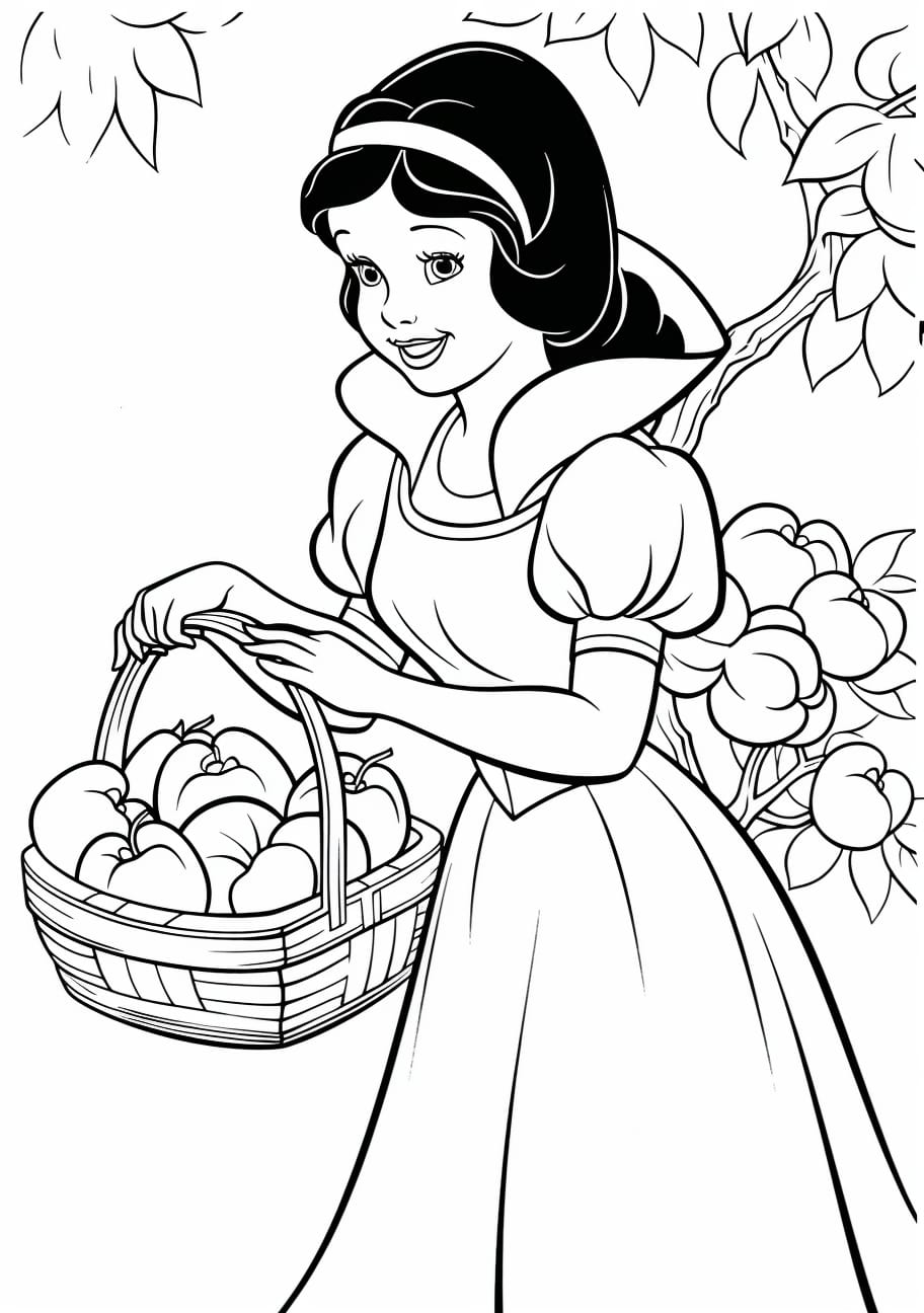 Snow White and the Seven Dwarfs Coloring Pages, Niña con manzanas de madrastra malvada
