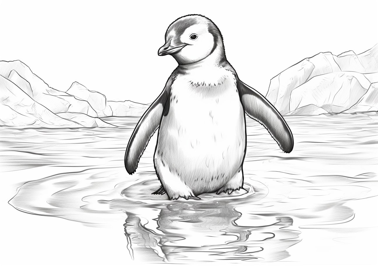 Penguin Coloring Pages, Pingüino de pie en el agua
