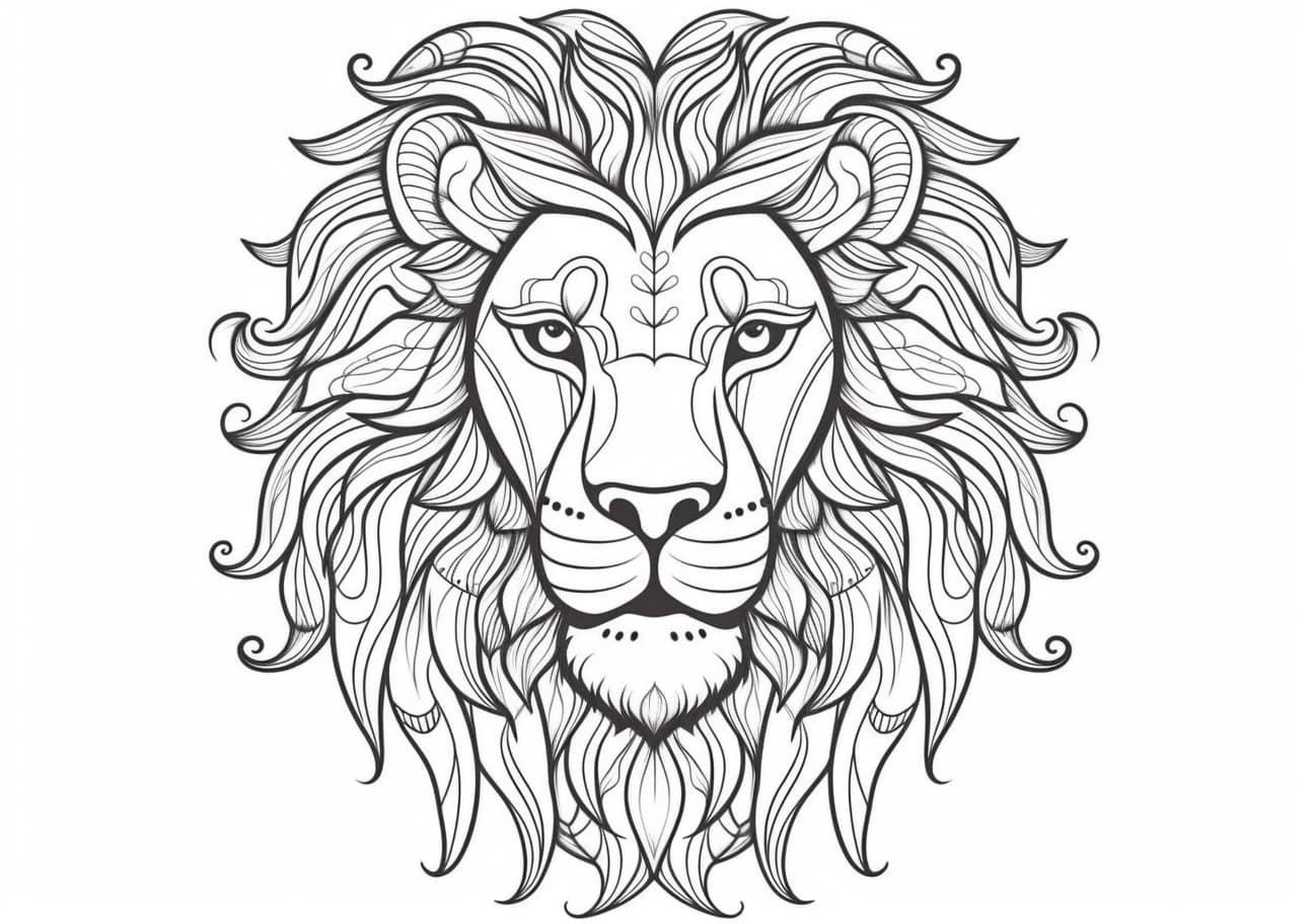 Lion Coloring Pages, 曼荼羅の中の獅子の顔