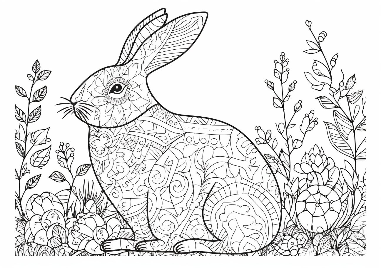 Rabbit Coloring Pages, 花うさぎ（モザイク風