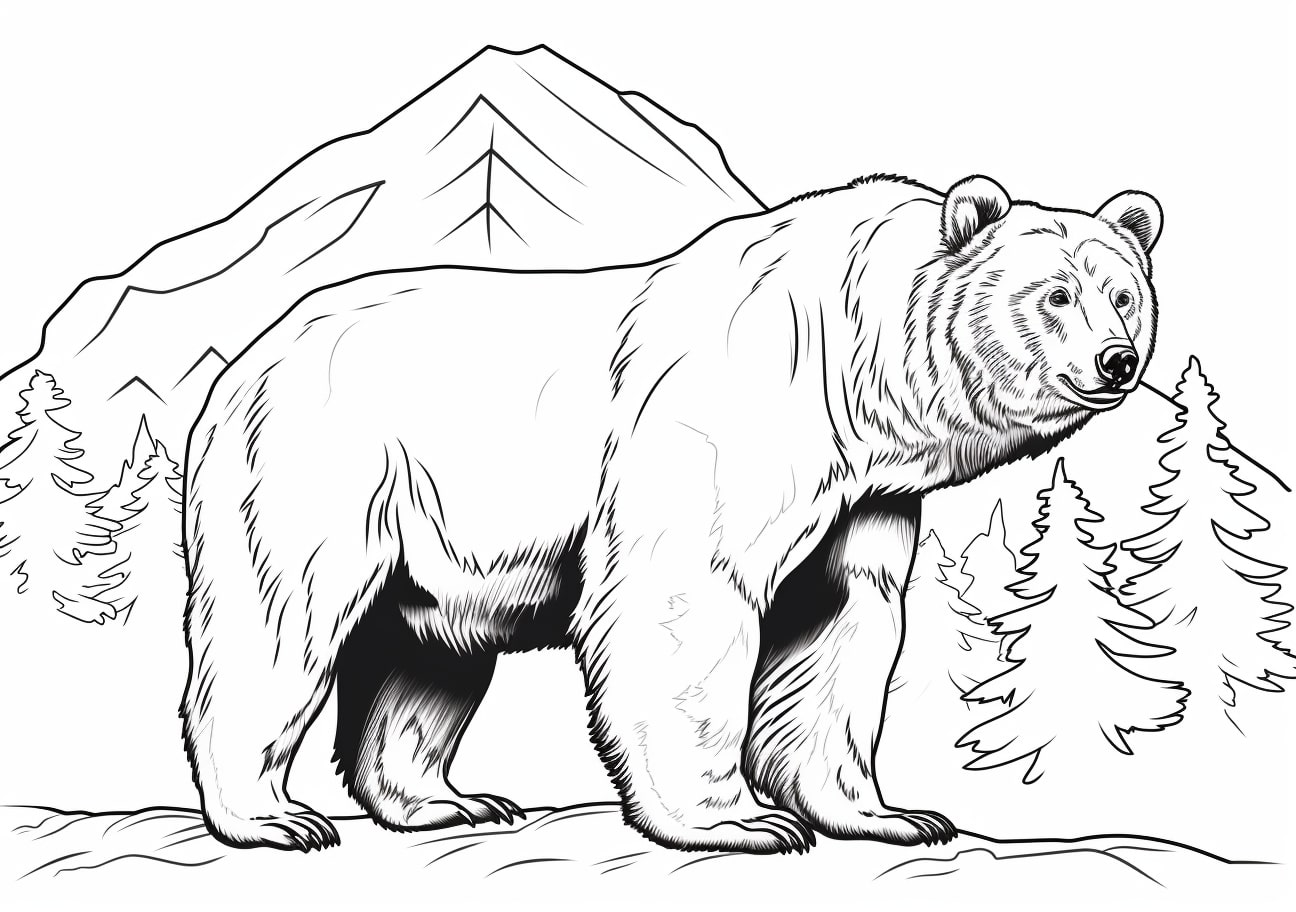 Grizzly bear Coloring Pages, 山の中で餌を探すグリズリー