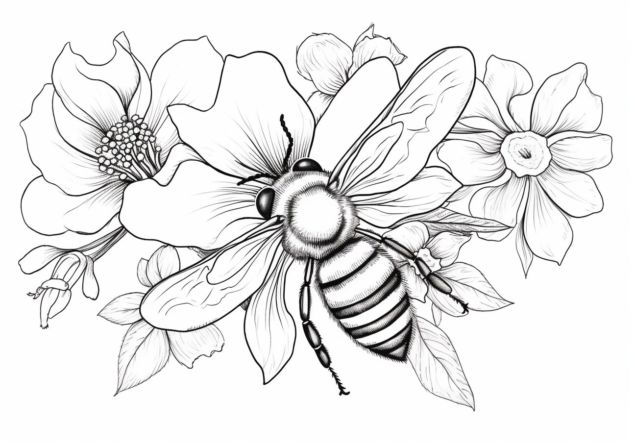 Bees Coloring Pages, Bee on flowers