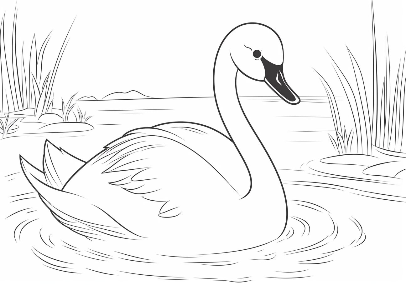 Сute animals Coloring Pages, Cute cartoon swan in river