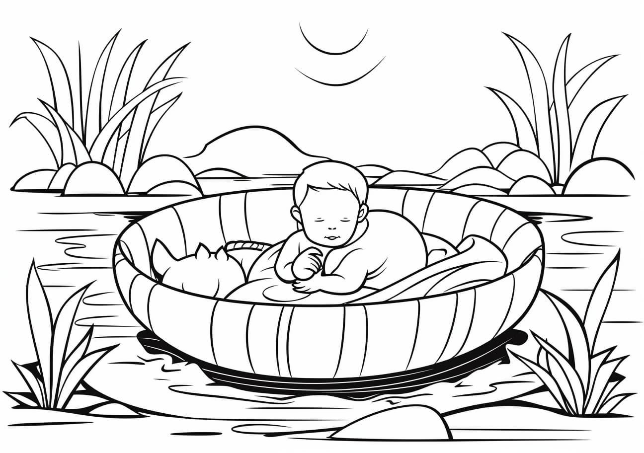 Baby Moses Coloring Pages, Niño Moisés en cesta