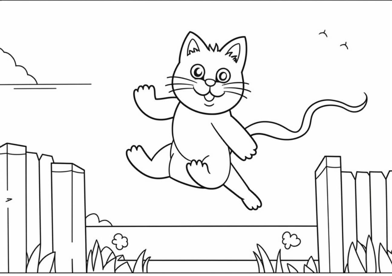 Cat Coloring Pages, A fat adult cat jumps over the fence funny