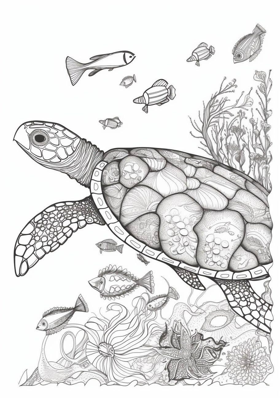 Animals Coloring Pages, tortuga y pez en el mundo submarino