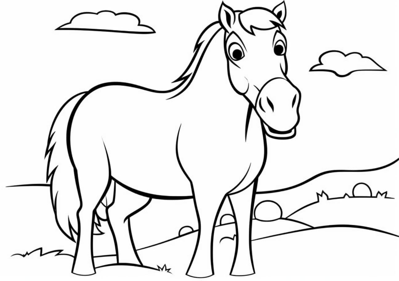 Horse Coloring Pages, caballo de dibujos animados en el pueblo