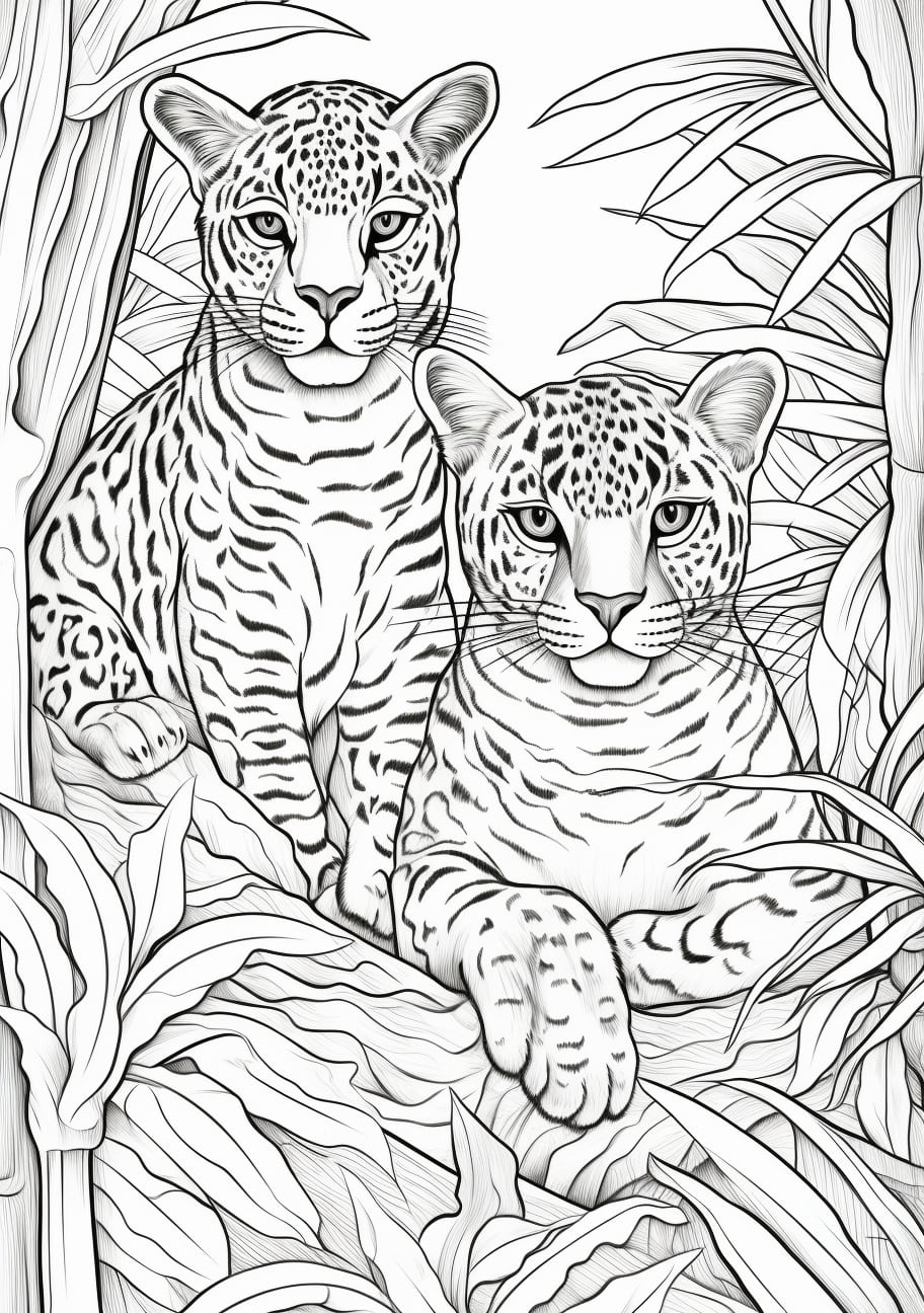 Big Cats Coloring Pages, De magnifiques grands félins regardent attentivement dans le cadre