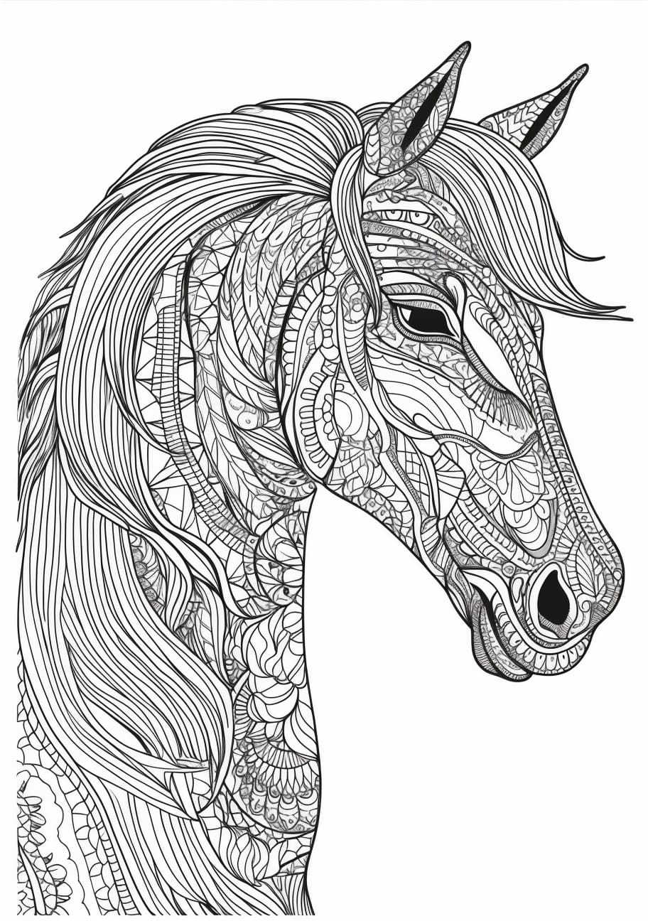 Horse Coloring Pages, hard level, horse face in mozaic style