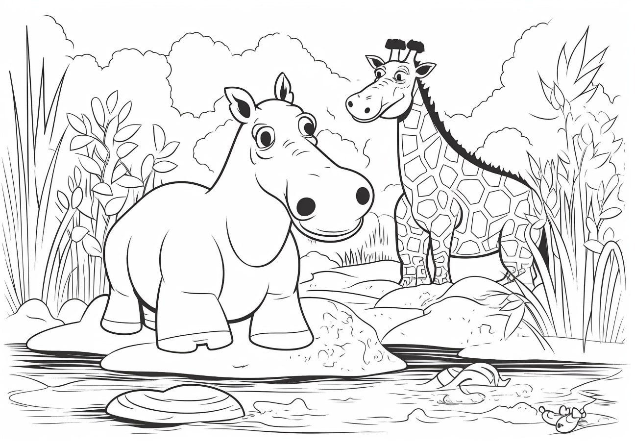 Animals Coloring Pages, dessin animé d'un hippopotame et d'une girafe, dans le marais