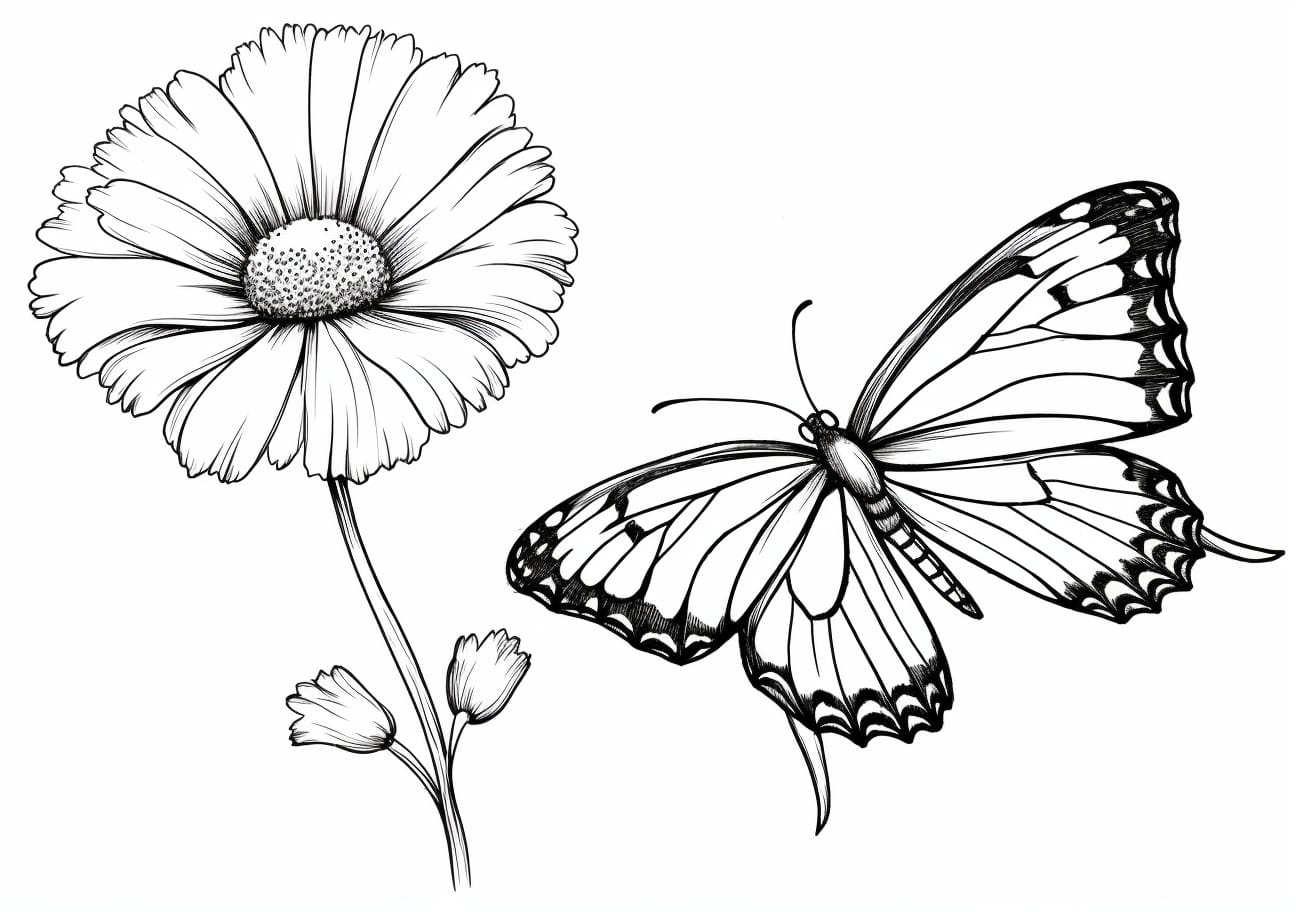 Butterflies And Flowers Coloring Pages, Mariposa volando hacia la flor