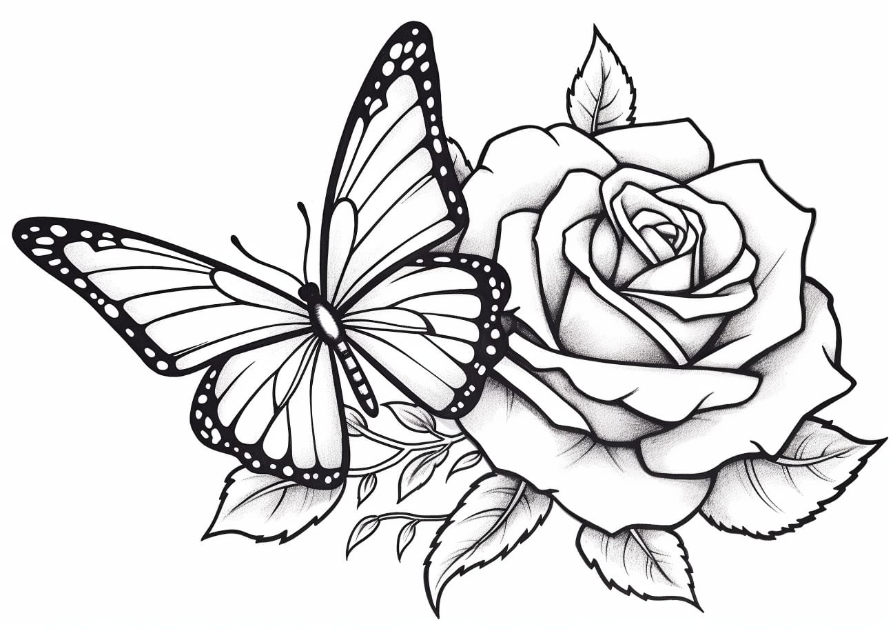 Butterflies And Flowers Coloring Pages, printable, Butterflie And rose
