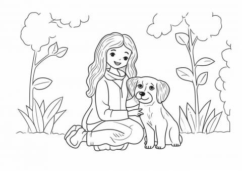 Pet Coloring Pages, Girl with a loved pet
