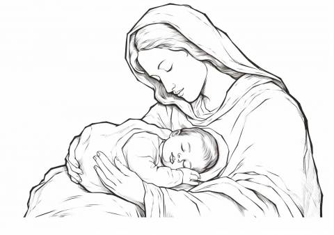 Jesus Is Born Coloring Pages, Mary is holding sleeping Jesus