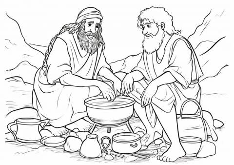 Jacob and Esau Coloring Pages, Jacob propose à Ésaü de lui donner un bol de ragoût en échange de son droit d'aînesse.