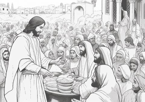 Miracles of Jesus Coloring Pages, Jesus feeding 5000 people