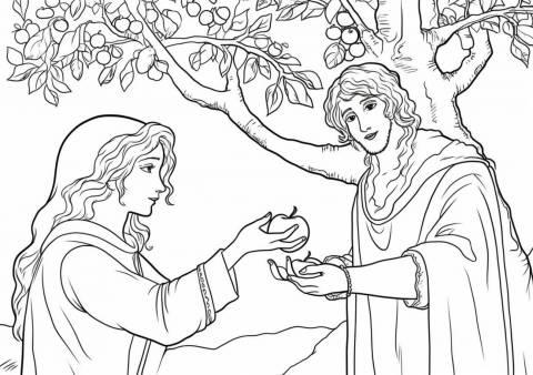 Adam and Eve Coloring Pages, Eva ofrece la manzana a Adán