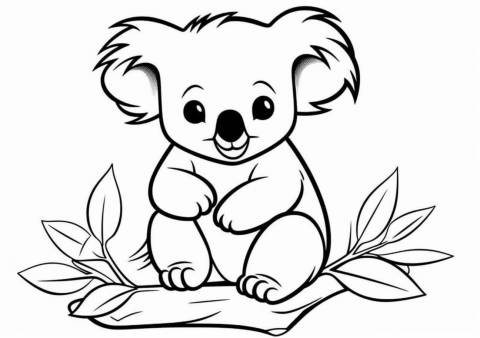 Koalas Coloring Pages, Koala with branch and leaves