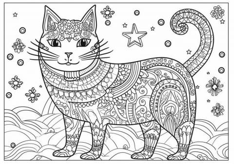 Cat Coloring Pages, imagen del gato unicornio, mandala
