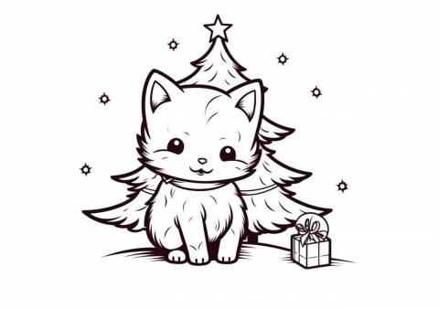 Christmas cat Coloring Pages, Cat with gift box and christmass tree