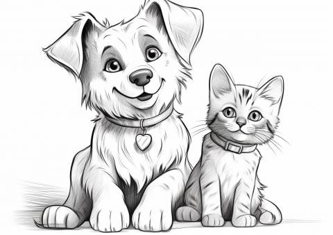 Domestic Animals Coloring Pages, friendly dog and cat smiling