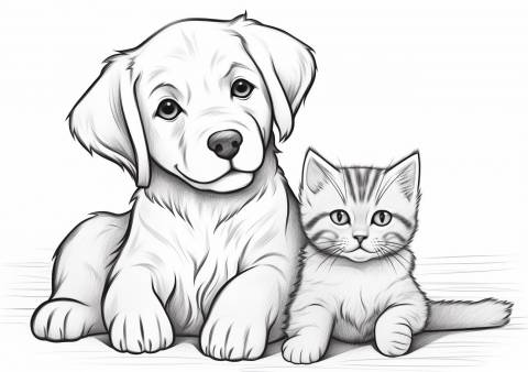 Domestic Animals Coloring Pages, perro y gato
