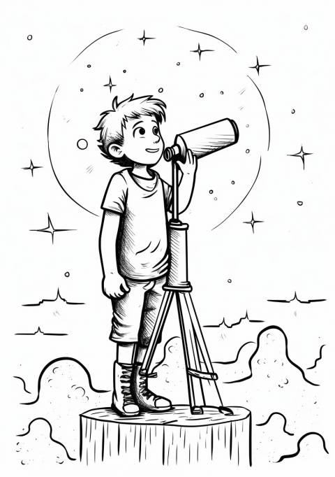 Moon Coloring Pages, Jeune garçon regardant la lune