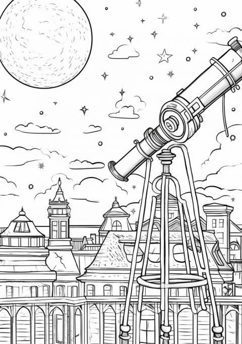 Moon Coloring Pages, 月の空と天体望遠鏡