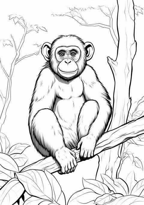 Chimpanzee Coloring Pages, Chimpancé sentado en la rama de un árbol en la selva