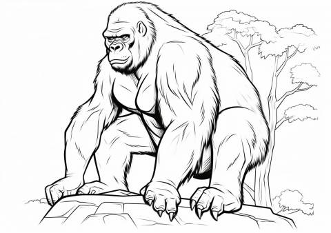 Gorilla Coloring Pages, 岩の上に座る真面目なゴリラ