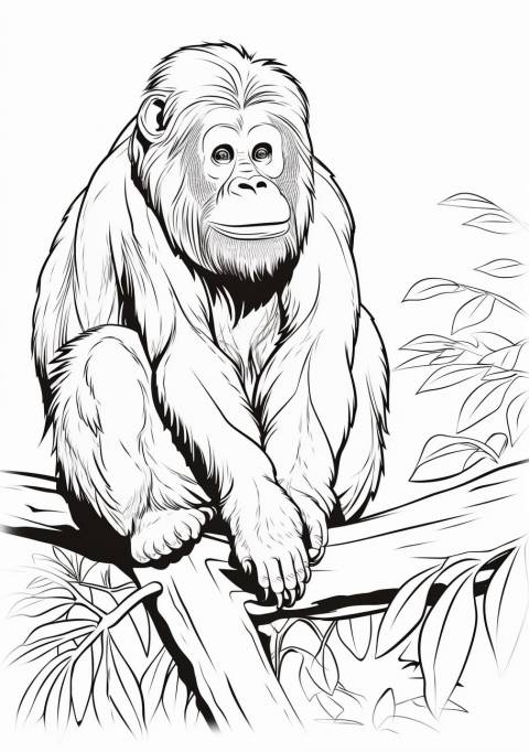 Orangutan Coloring Pages, 木の上に座るリアルなオランウータン